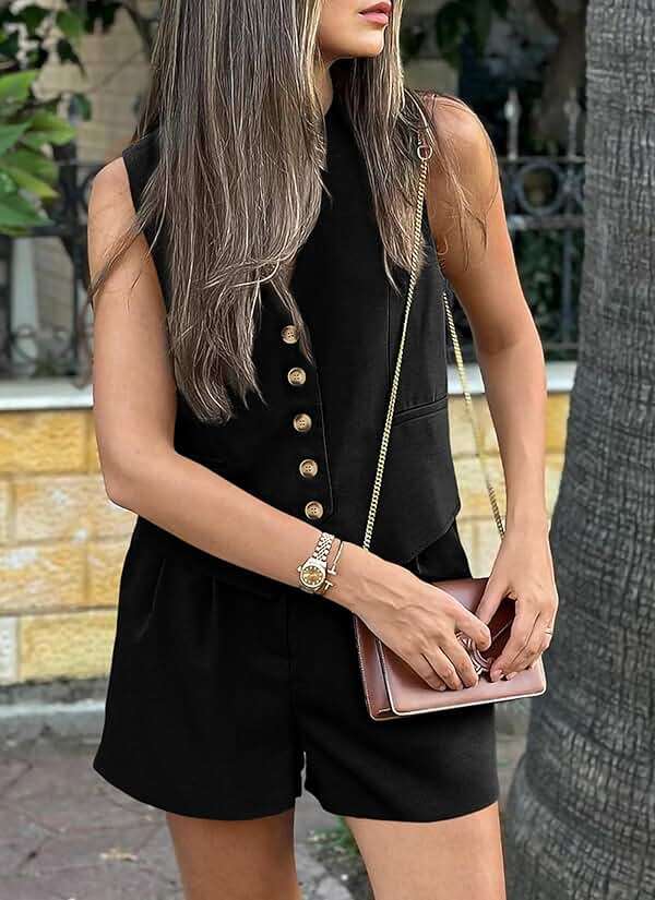 PRETTYGARDEN Women's Summer 2 Piece Outfits Sleeveless Matching Sets Button Down V Neck Vest Waistcoat and Pockets Shorts - Image 7