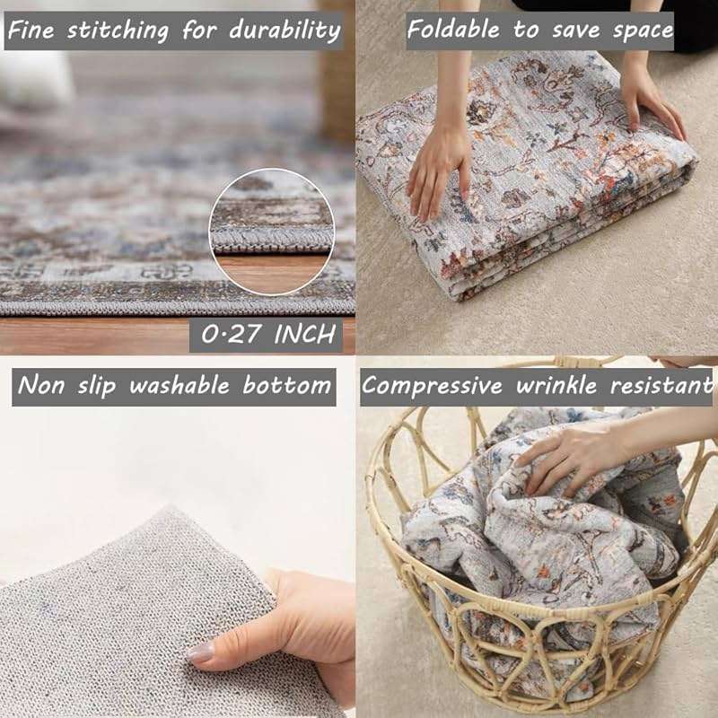 CHAMPLANT Area Rug 4x6 Washable Rug Gray Vintage Traditional Floor Cover Foldable Thin Retro Accent Indoor Distressed Non Slip Carpet Floral Print Mat Bedroom Living Room Bathroom - Image 5