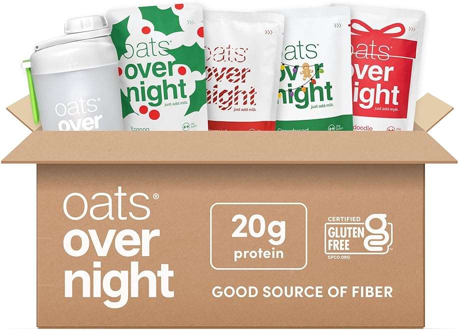 Oats Overnight - Holiday Variety Pack 20g Protein, 5g Fiber Breakfast Shake - Gluten Free, Non GMO Oatmeal Snickerdoodle, Gingerbread, & More (8 Pack + Shaker Bottle) - Image 1