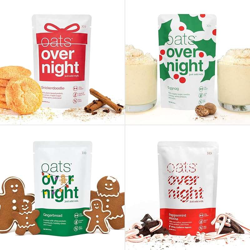 Oats Overnight - Holiday Variety Pack 20g Protein, 5g Fiber Breakfast Shake - Gluten Free, Non GMO Oatmeal Snickerdoodle, Gingerbread, & More (8 Pack + Shaker Bottle) - Image 6