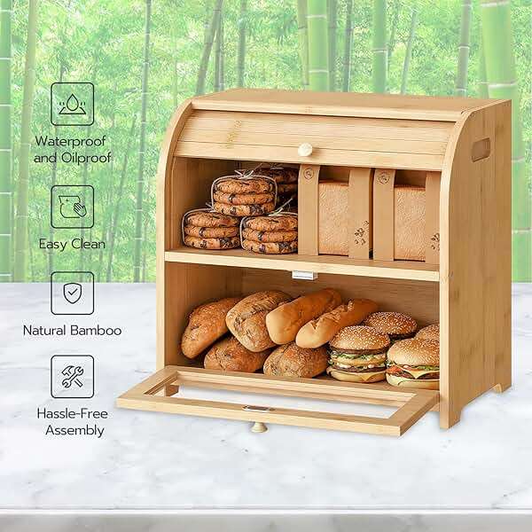 HOOBRO Bread Box, Bamboo Bread Box for Kitchen Countertop, 2 Tier Roll-Top Bread Bin, Food Storage Box, Large Capacity Keeper, Wooden Storage Cabinet, for Kitchen, Dining Room, Natural YL13MB01 - Image 4