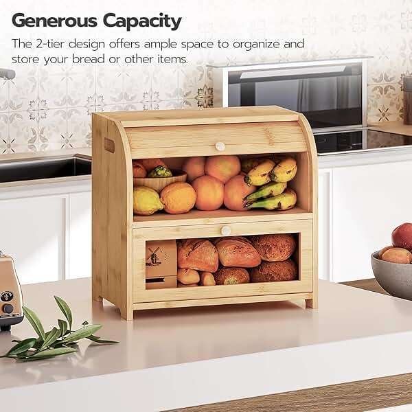 HOOBRO Bread Box, Bamboo Bread Box for Kitchen Countertop, 2 Tier Roll-Top Bread Bin, Food Storage Box, Large Capacity Keeper, Wooden Storage Cabinet, for Kitchen, Dining Room, Natural YL13MB01 - Image 5