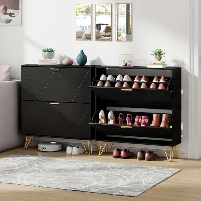 JOZZBY Shoe Cabinet for Entryway Slim Set of 2, Black Shoe Cabinet with 2 Flip Drawers, Narrow Shoe Slim Shoe Storage Cabinet Entryway, Hallway, Living Room - Image 1