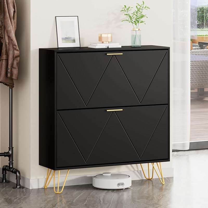 JOZZBY Shoe Cabinet for Entryway Slim Set of 2, Black Shoe Cabinet with 2 Flip Drawers, Narrow Shoe Slim Shoe Storage Cabinet Entryway, Hallway, Living Room - Image 3