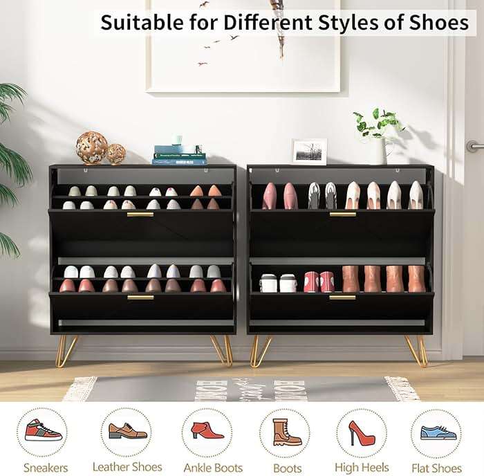 JOZZBY Shoe Cabinet for Entryway Slim Set of 2, Black Shoe Cabinet with 2 Flip Drawers, Narrow Shoe Slim Shoe Storage Cabinet Entryway, Hallway, Living Room - Image 4