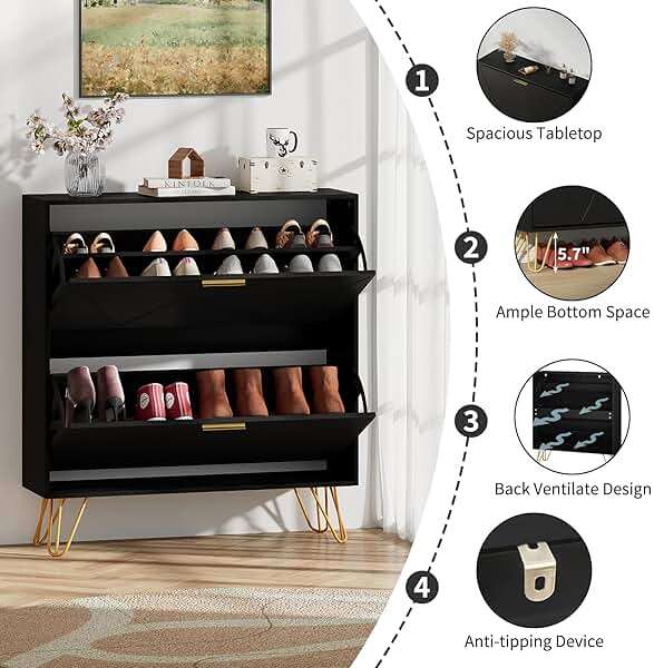 JOZZBY Shoe Cabinet for Entryway Slim Set of 2, Black Shoe Cabinet with 2 Flip Drawers, Narrow Shoe Slim Shoe Storage Cabinet Entryway, Hallway, Living Room - Image 5