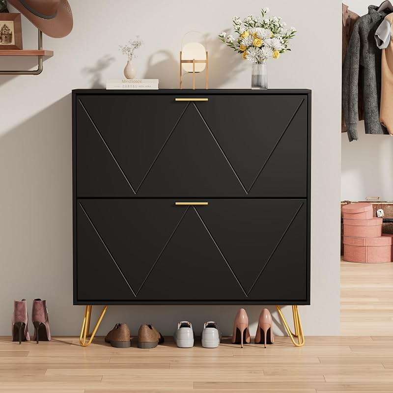 JOZZBY Shoe Cabinet for Entryway Slim Set of 2, Black Shoe Cabinet with 2 Flip Drawers, Narrow Shoe Slim Shoe Storage Cabinet Entryway, Hallway, Living Room - Image 7