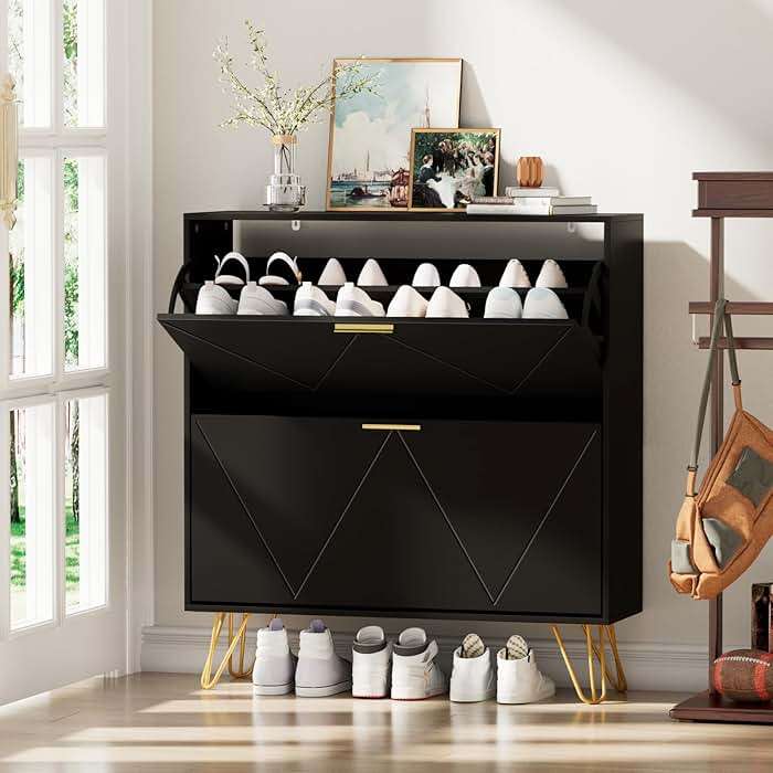JOZZBY Shoe Cabinet for Entryway Slim Set of 2, Black Shoe Cabinet with 2 Flip Drawers, Narrow Shoe Slim Shoe Storage Cabinet Entryway, Hallway, Living Room - Image 8