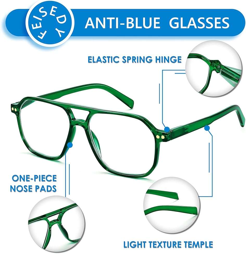 FEISEDY Retro Aviator Reading Glasses Square Readers with Spring Hinge Blue Light Reading Glass for Women Men B0068 - Image 6
