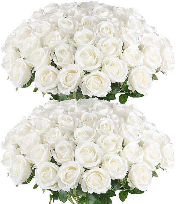 Hananona 50 Pcs Artificial Roses in Bulk, Fake Velvet Silk Roses Realistic Rose for Wedding Centerpieces Flower Arrangement Home Decor (50, White) - Image 1
