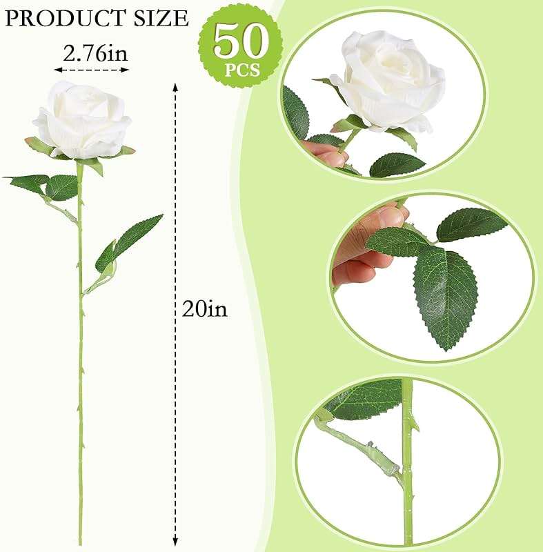 Hananona 50 Pcs Artificial Roses in Bulk, Fake Velvet Silk Roses Realistic Rose for Wedding Centerpieces Flower Arrangement Home Decor (50, White) - Image 3