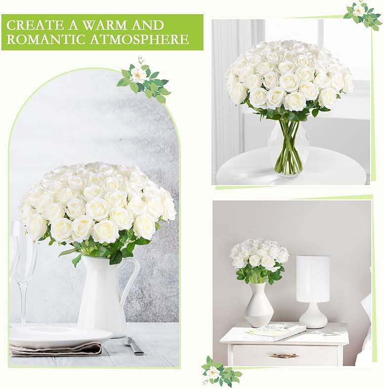 Hananona 50 Pcs Artificial Roses in Bulk, Fake Velvet Silk Roses Realistic Rose for Wedding Centerpieces Flower Arrangement Home Decor (50, White) - Image 5