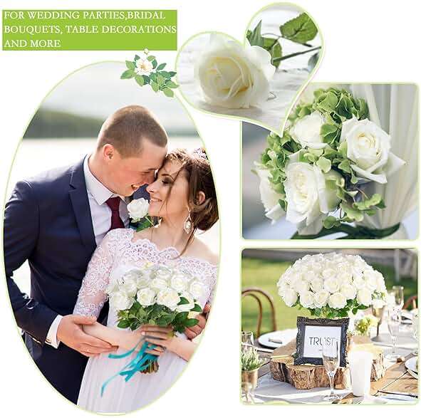 Hananona 50 Pcs Artificial Roses in Bulk, Fake Velvet Silk Roses Realistic Rose for Wedding Centerpieces Flower Arrangement Home Decor (50, White) - Image 6