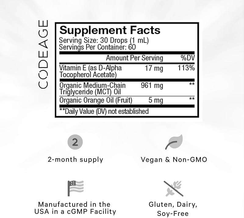 Codeage Liquid Vitamin E+ - USDA-Certified Organic Vitamin E - 2-Month Supply - D-Alpha Tocopherol Acetate, Organic MCT Oil, Orange Fruit Oil, Unflavored, Non-GMO, Vegan, Gluten-Free, 2 fl oz - Image 2