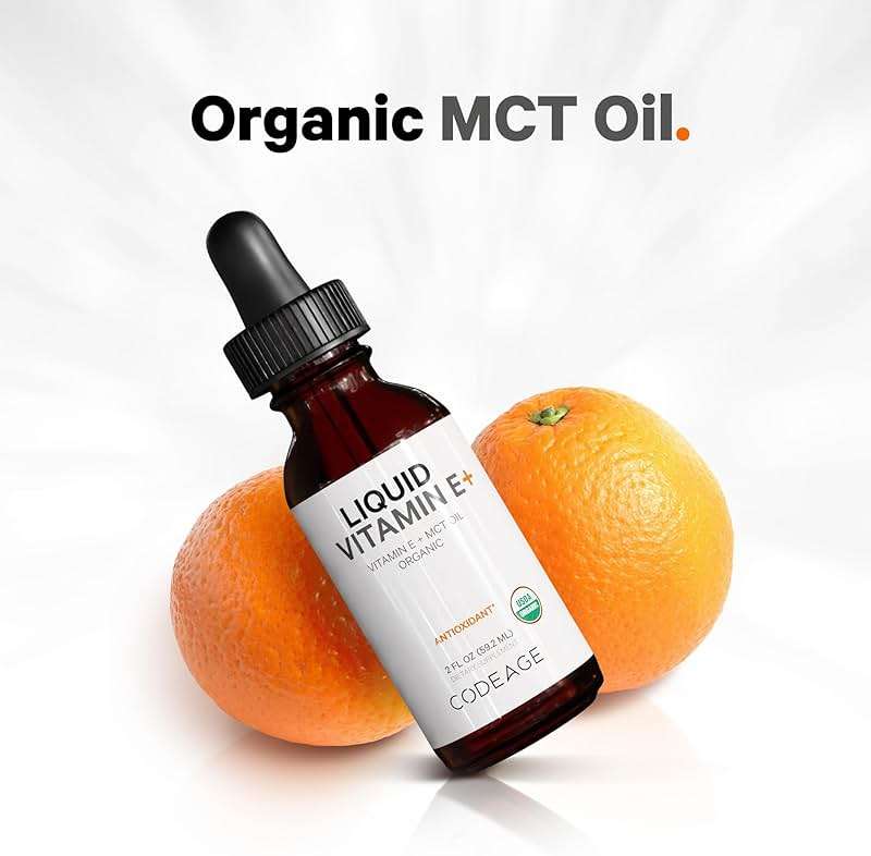 Codeage Liquid Vitamin E+ - USDA-Certified Organic Vitamin E - 2-Month Supply - D-Alpha Tocopherol Acetate, Organic MCT Oil, Orange Fruit Oil, Unflavored, Non-GMO, Vegan, Gluten-Free, 2 fl oz - Image 5