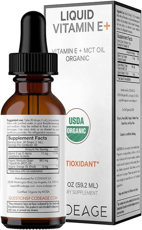 Codeage Liquid Vitamin E+ - USDA-Certified Organic Vitamin E - 2-Month Supply - D-Alpha Tocopherol Acetate, Organic MCT Oil, Orange Fruit Oil, Unflavored, Non-GMO, Vegan, Gluten-Free, 2 fl oz - Image 8