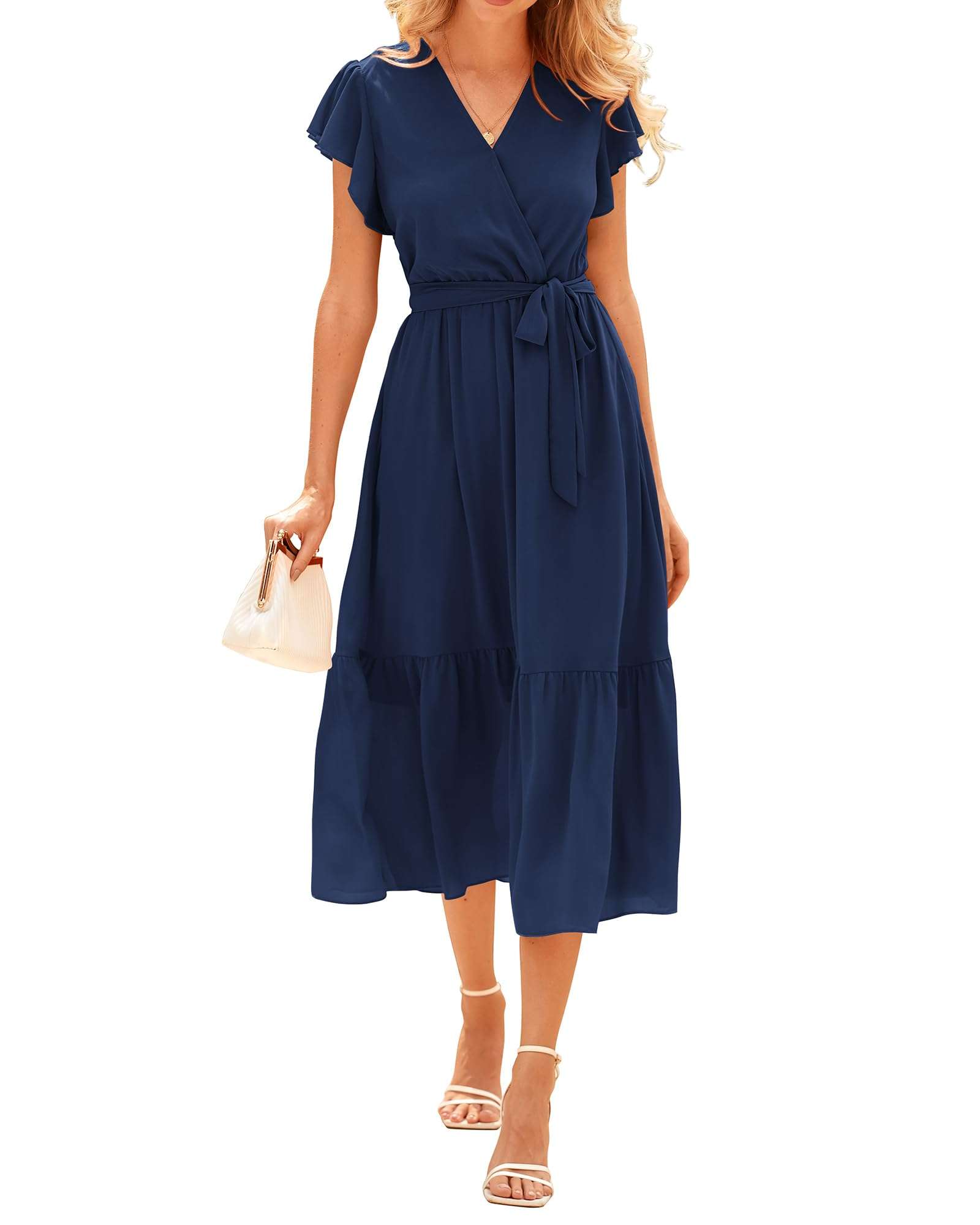 BTFBM Women Summer Bohemian Floral Casual Wrap V Neck Ruffle Cap Sleeveless Belt A-Line Pleated Hem Midi Sun Dress White - Image 1