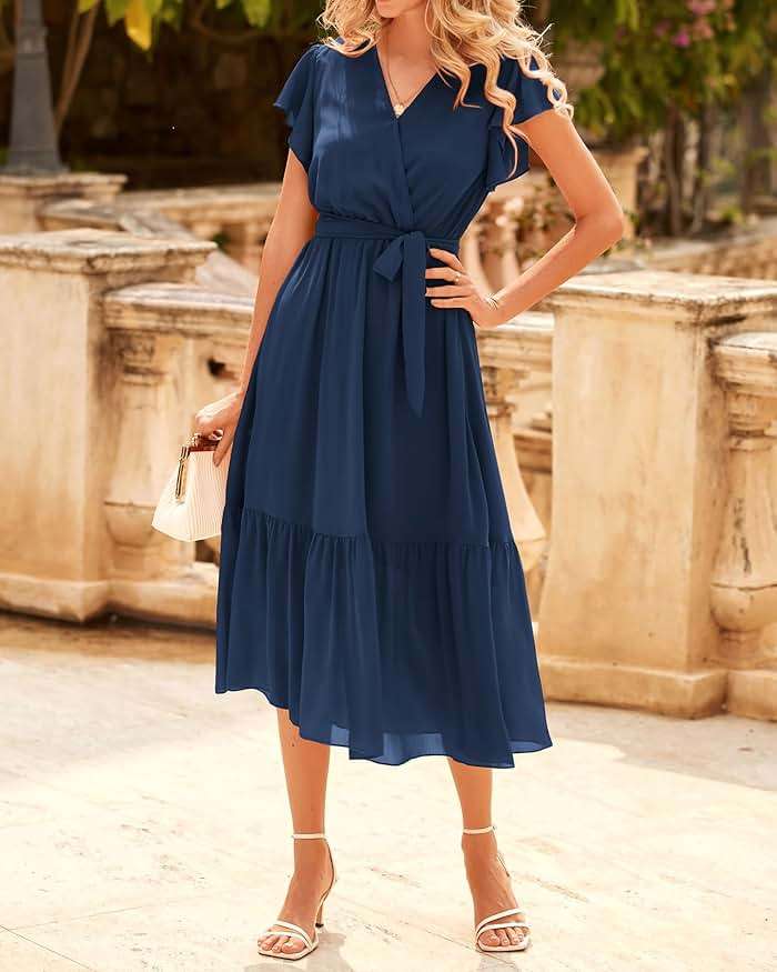 BTFBM Women Summer Bohemian Floral Casual Wrap V Neck Ruffle Cap Sleeveless Belt A-Line Pleated Hem Midi Sun Dress White - Image 2