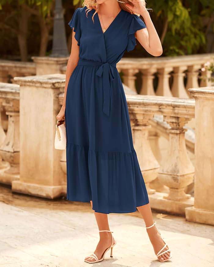 BTFBM Women Summer Bohemian Floral Casual Wrap V Neck Ruffle Cap Sleeveless Belt A-Line Pleated Hem Midi Sun Dress White - Image 6