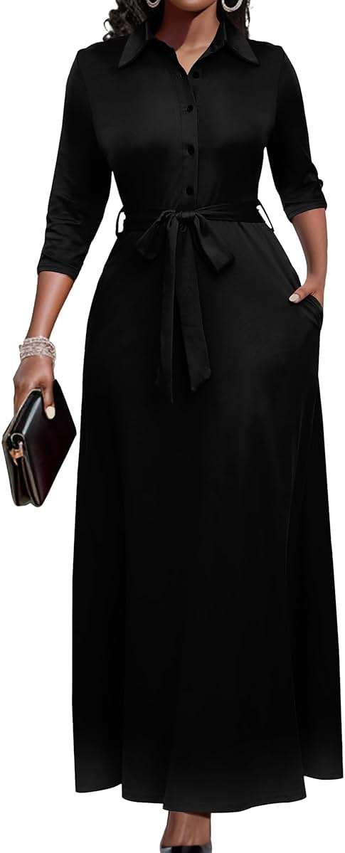Runwind Women Church Maxi Dresses 3/4 Sleeve Button Down Print Casual Office Dress African - Image 1