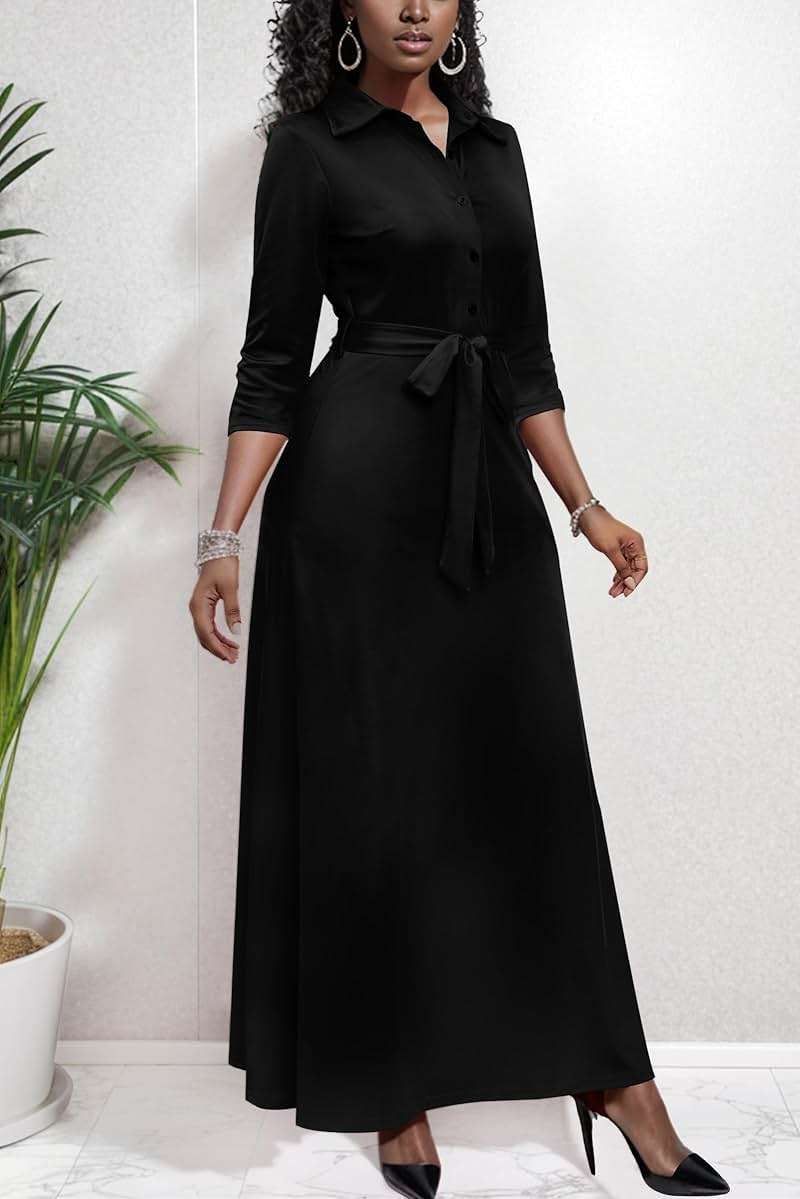 Runwind Women Church Maxi Dresses 3/4 Sleeve Button Down Print Casual Office Dress African - Image 2