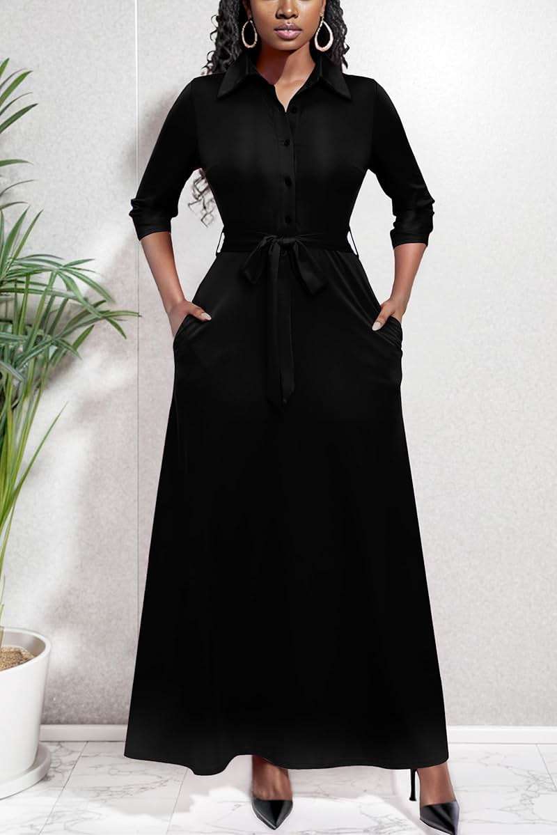 Runwind Women Church Maxi Dresses 3/4 Sleeve Button Down Print Casual Office Dress African - Image 3
