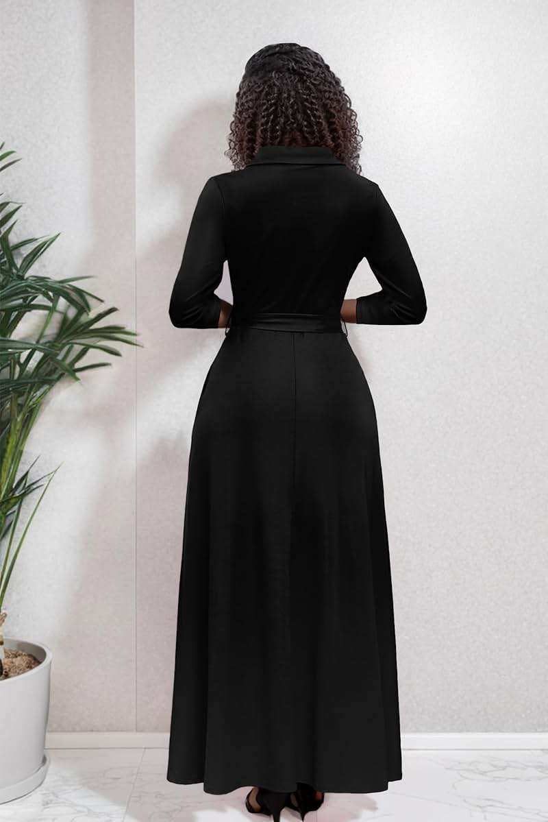 Runwind Women Church Maxi Dresses 3/4 Sleeve Button Down Print Casual Office Dress African - Image 4