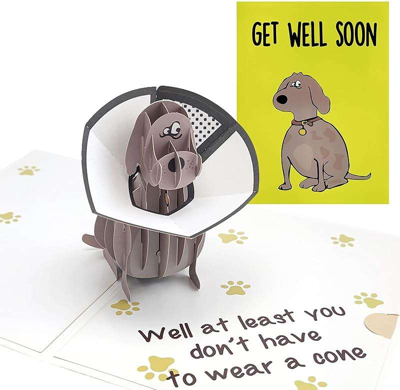 mmuue Funny Pop Up Get Well Soon Card, Humorous 3D Speedy Surgery Recovery Card for Friends Patient, Lovely Sympathy Cards for Men Women, At Least You Don't Have to Wear A Cone, Pug Cone Card - Image 1