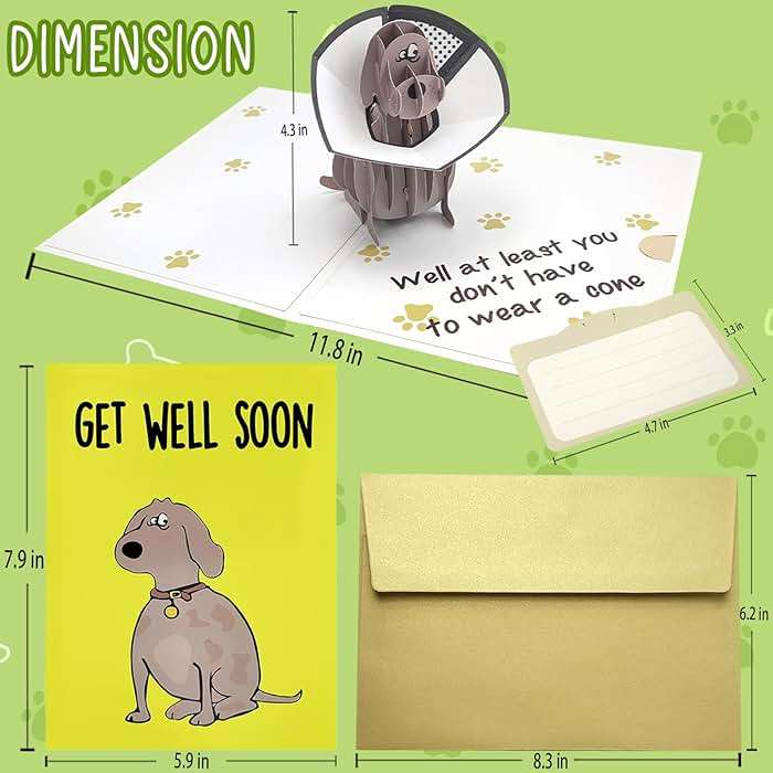 mmuue Funny Pop Up Get Well Soon Card, Humorous 3D Speedy Surgery Recovery Card for Friends Patient, Lovely Sympathy Cards for Men Women, At Least You Don't Have to Wear A Cone, Pug Cone Card - Image 3