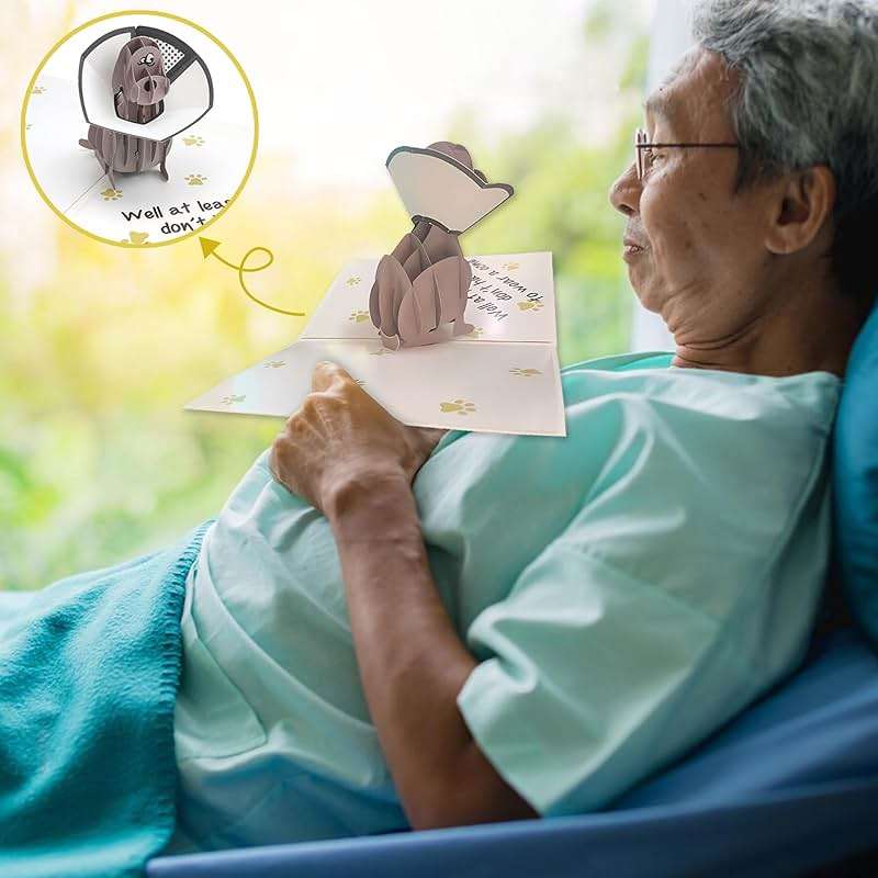 mmuue Funny Pop Up Get Well Soon Card, Humorous 3D Speedy Surgery Recovery Card for Friends Patient, Lovely Sympathy Cards for Men Women, At Least You Don't Have to Wear A Cone, Pug Cone Card - Image 5