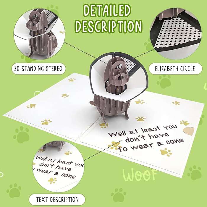 mmuue Funny Pop Up Get Well Soon Card, Humorous 3D Speedy Surgery Recovery Card for Friends Patient, Lovely Sympathy Cards for Men Women, At Least You Don't Have to Wear A Cone, Pug Cone Card - Image 7