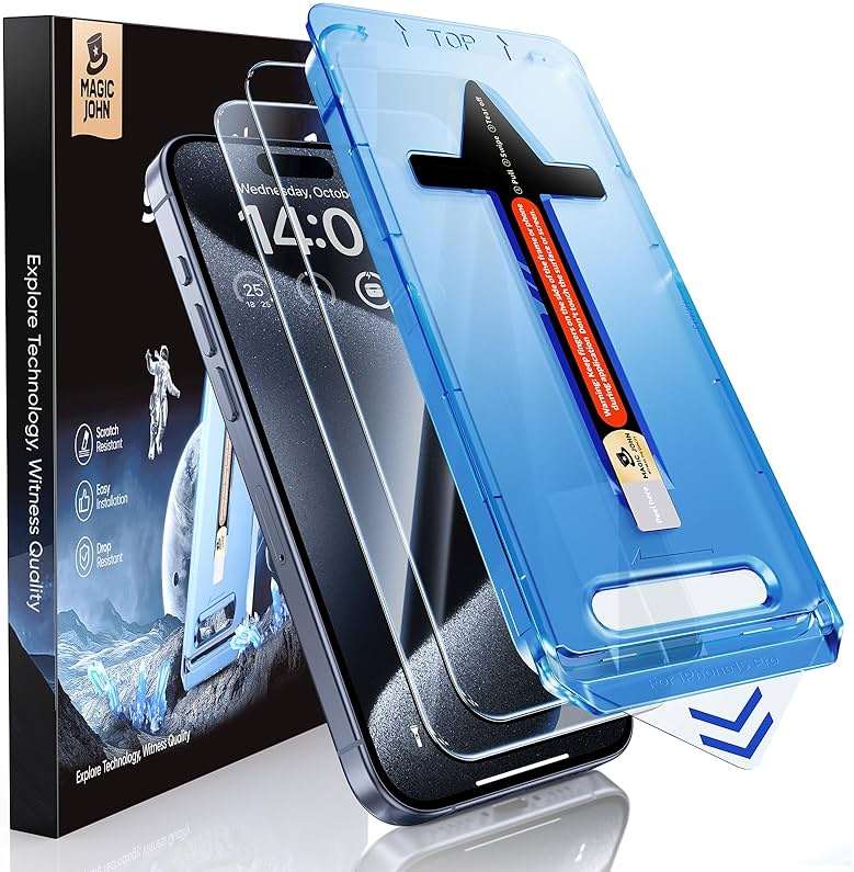 MAGIC JOHN 2 Pack for iPhone 15 Pro (6.1 inch) Tempered Glass Screen Protector, Auto Dust-Elimination Installation, Bubble Free, Dynamic Island Compatible, HD Clear, Easy Installation - Image 1