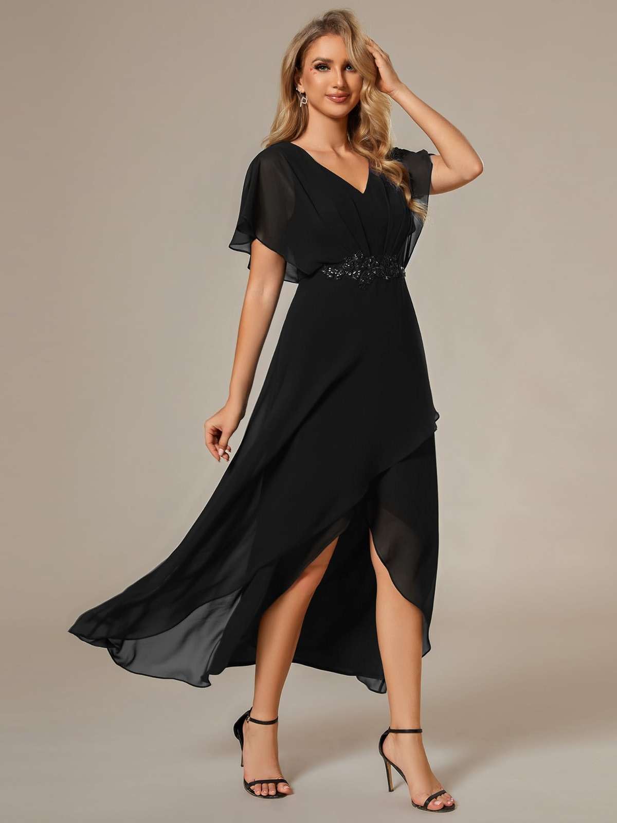 Ever-Pretty Women's Formal Dress A Line V Neck Applique Waist Tea Length Wedding Guest Dress 02027 - Image 3