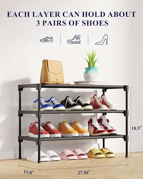 Kitsure Shoe Rack - Non-Woven Shoe Rack Shelf, Shoe Organizer for Closet, Entryway, Garage & Corridor, Stackable Shoe Shelves, 27.5" Wide - 3 Tier, Black - Image 3