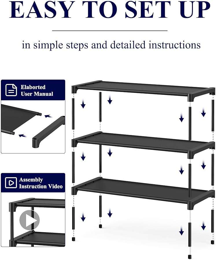 Kitsure Shoe Rack - Non-Woven Shoe Rack Shelf, Shoe Organizer for Closet, Entryway, Garage & Corridor, Stackable Shoe Shelves, 27.5" Wide - 3 Tier, Black - Image 7