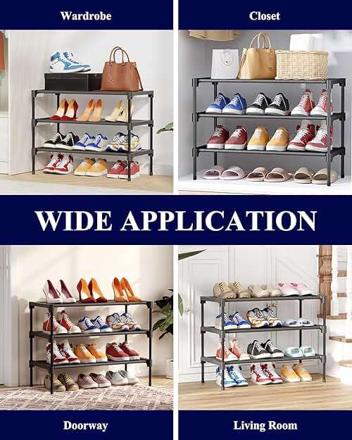 Kitsure Shoe Rack - Non-Woven Shoe Rack Shelf, Shoe Organizer for Closet, Entryway, Garage & Corridor, Stackable Shoe Shelves, 27.5" Wide - 3 Tier, Black - Image 8