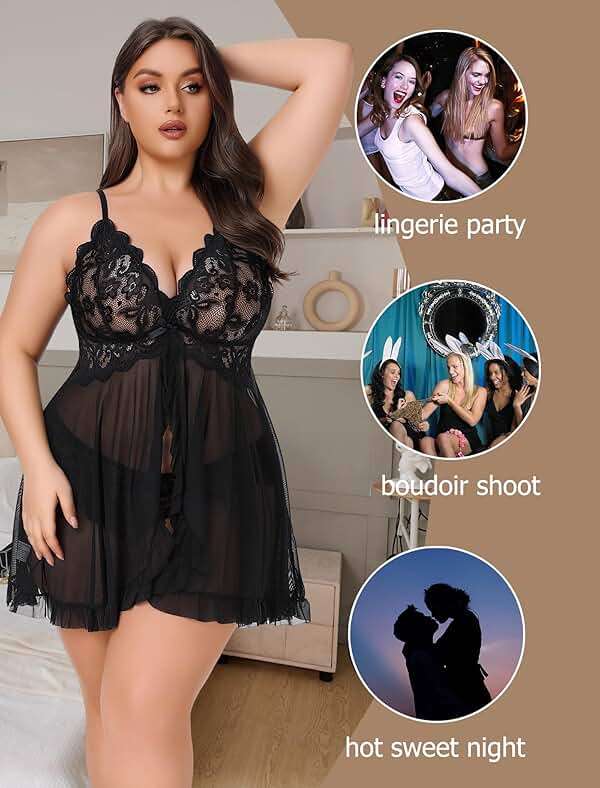 Avidlove Plus Size Lingerie for Women Sexy Lingerie Dress Lace Babydoll Lingerie V-Neck Open Front Strap Nightdress - Image 6