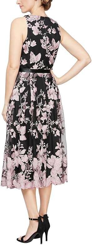 Alex Evenings Women's Sleeveless Midi Dress with Elegant Embroidery, Full Skirt and Tie Belt (Petite and Regular Sizes) - Image 2