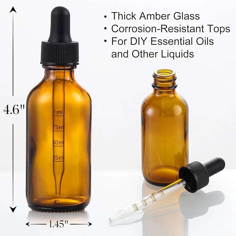 2 oz Dark Amber Glass Dropper Bottles with Measurement Dropper, 4 Pack- 60ml Thick Tincture Bottles with Measured Eye Dropper, Leakproof Essential Oils Bottles for Health, Personal Care & Beauty - Image 3