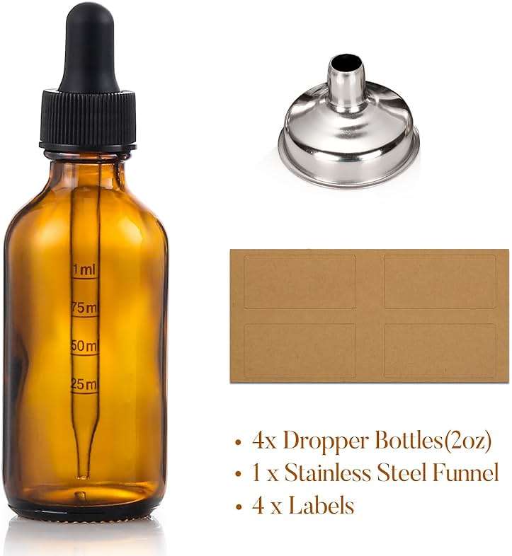 2 oz Dark Amber Glass Dropper Bottles with Measurement Dropper, 4 Pack- 60ml Thick Tincture Bottles with Measured Eye Dropper, Leakproof Essential Oils Bottles for Health, Personal Care & Beauty - Image 5