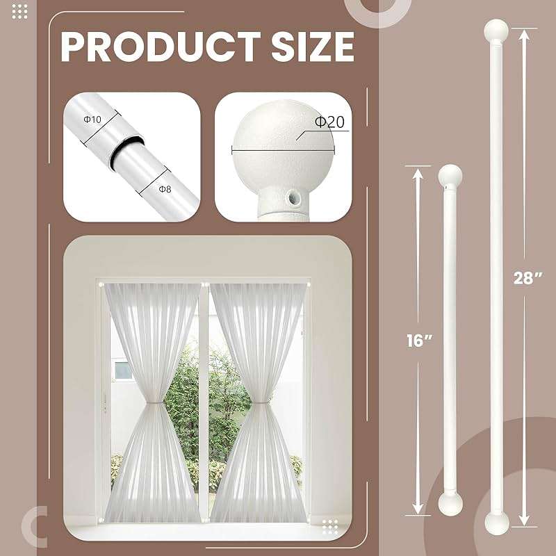 ARNORX Cafe Curtain Rods for French Door - 2 Pack, Adjustable 16-28 Inch, 3/8" Diameter, White – Screw Mount Recommended for Daily-Use Doors, Adhesive for Lightweight Curtains & Low-Traffic Doors - Image 2