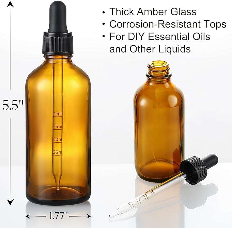 4 Pack, 100ml Dropper Bottles with 2pcs Glass Pipettes(1ml) - Essential Oils Bottles for Health, Personal Care & Beauty - 3.4oz Thick Dark Amber Glass Tincture Bottle with Eye Droppers, Leakproof - Image 3