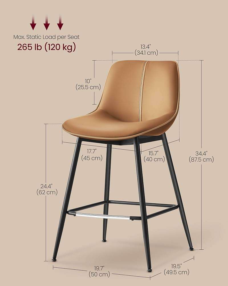 VASAGLE Bar Stools Set of 2, Counter Height Bar Stools with Back, Ergonomic Backrest, Synthetic Leather, Metal Legs, 24.8-Inch Tall Barstools for Kitchen Island Home Bar, Easy Assembly, Caramel Brown - Image 6