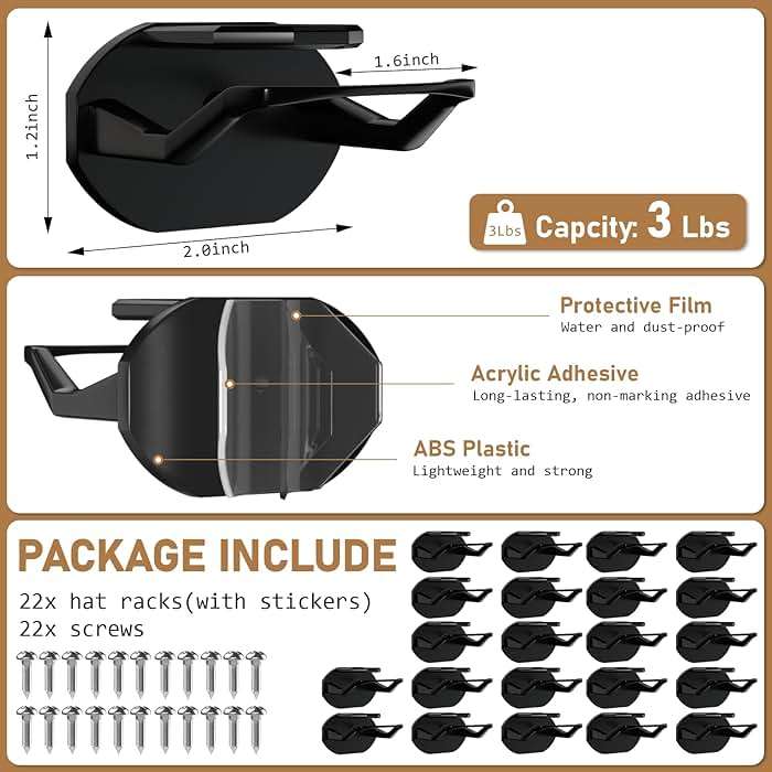 Niunuerga 22 Pack Adhesive Hat Hooks for Wall, Super Strong Hat Rack for Baseball Caps, Hat Organizer Display for Home Decor, Hat Hangers Holder for Wall, Door, Closet, No Drilling (Black) - Image 4
