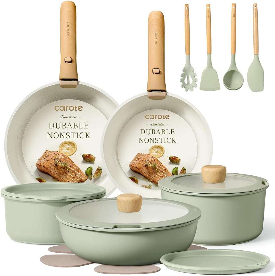 CAROTE Pots and Pans Set, Nonstick Cookware Set Detachable Handle, 19pcs Induction Kitchen Cookware Sets Non Stick with Removable Handle, RV Cookware Set, Oven Safe, Sage Green - Image 1