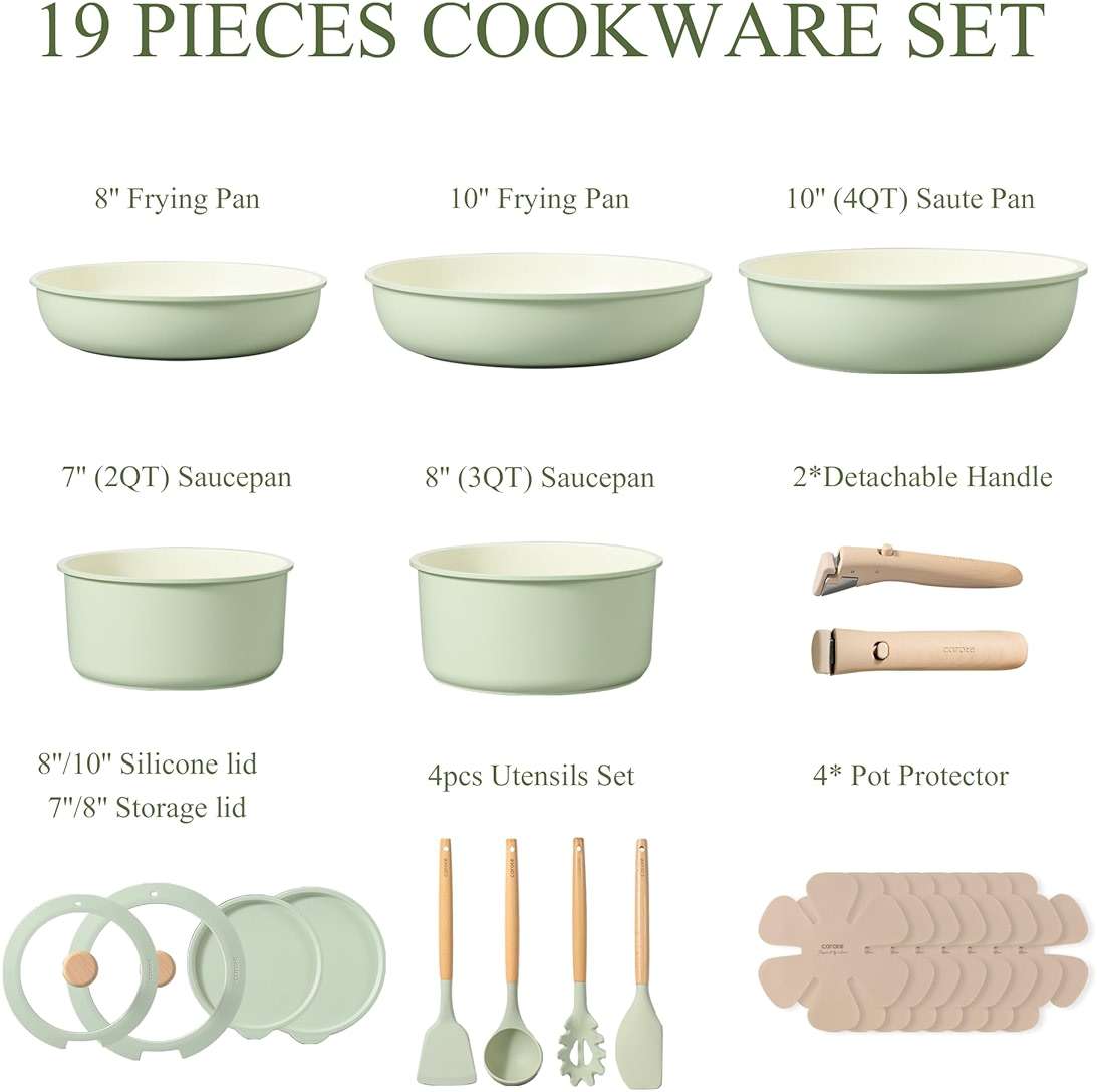 CAROTE Pots and Pans Set, Nonstick Cookware Set Detachable Handle, 19pcs Induction Kitchen Cookware Sets Non Stick with Removable Handle, RV Cookware Set, Oven Safe, Sage Green - Image 2