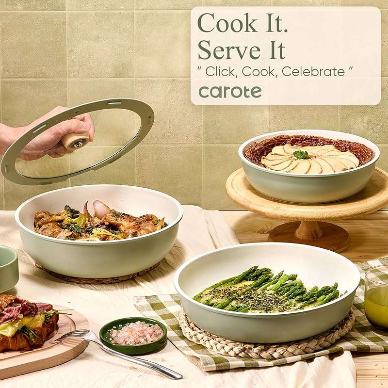 CAROTE Pots and Pans Set, Nonstick Cookware Set Detachable Handle, 19pcs Induction Kitchen Cookware Sets Non Stick with Removable Handle, RV Cookware Set, Oven Safe, Sage Green - Image 4