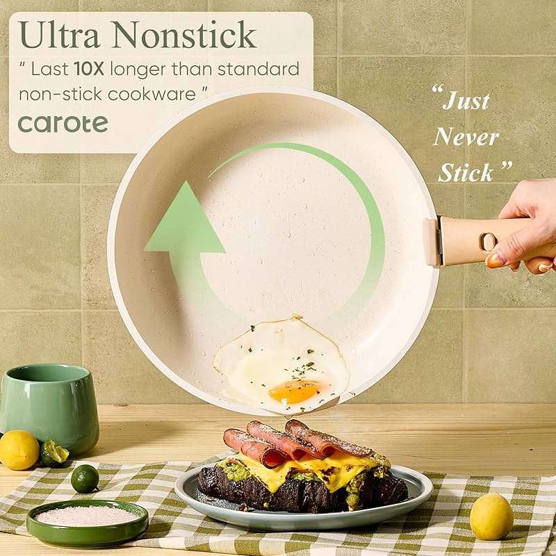 CAROTE Pots and Pans Set, Nonstick Cookware Set Detachable Handle, 19pcs Induction Kitchen Cookware Sets Non Stick with Removable Handle, RV Cookware Set, Oven Safe, Sage Green - Image 6