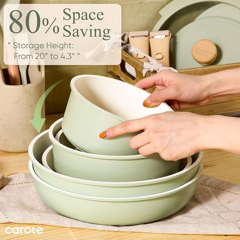 CAROTE Pots and Pans Set, Nonstick Cookware Set Detachable Handle, 19pcs Induction Kitchen Cookware Sets Non Stick with Removable Handle, RV Cookware Set, Oven Safe, Sage Green - Image 7