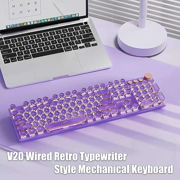 TISHLED Typewriter Style Mechanical Gaming Keyboard White LED Backlit 104-Key NKRO Pink Switches Retro Round Keycaps Golden Ring Volume Knob Metal Panel Wired USB-C Detachable Cable, Purple - Image 2